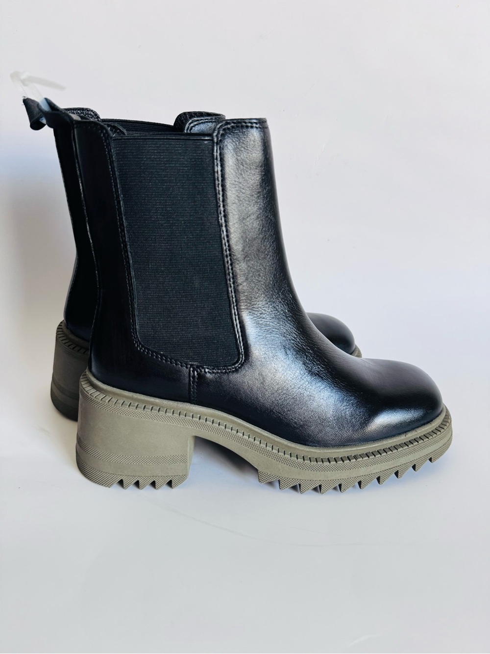 Vince Camuto Black Leather Chelsea Lug-Sole Booties with Olive Sole